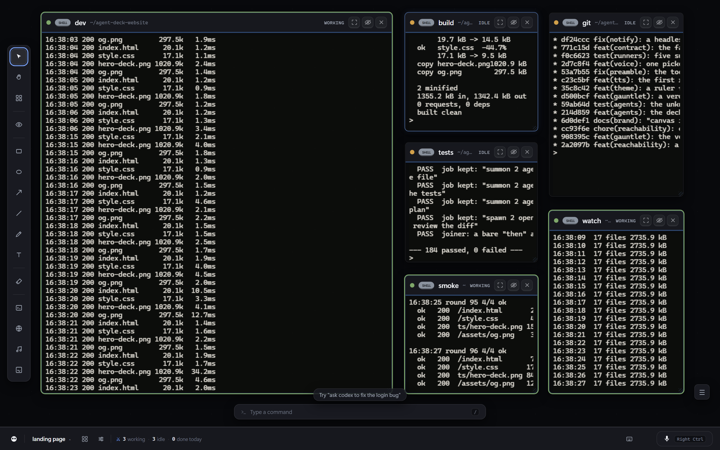 The Agent Deck canvas: several live terminal sessions arranged as draggable nodes on one dark infinite canvas, each with its own title bar and status.